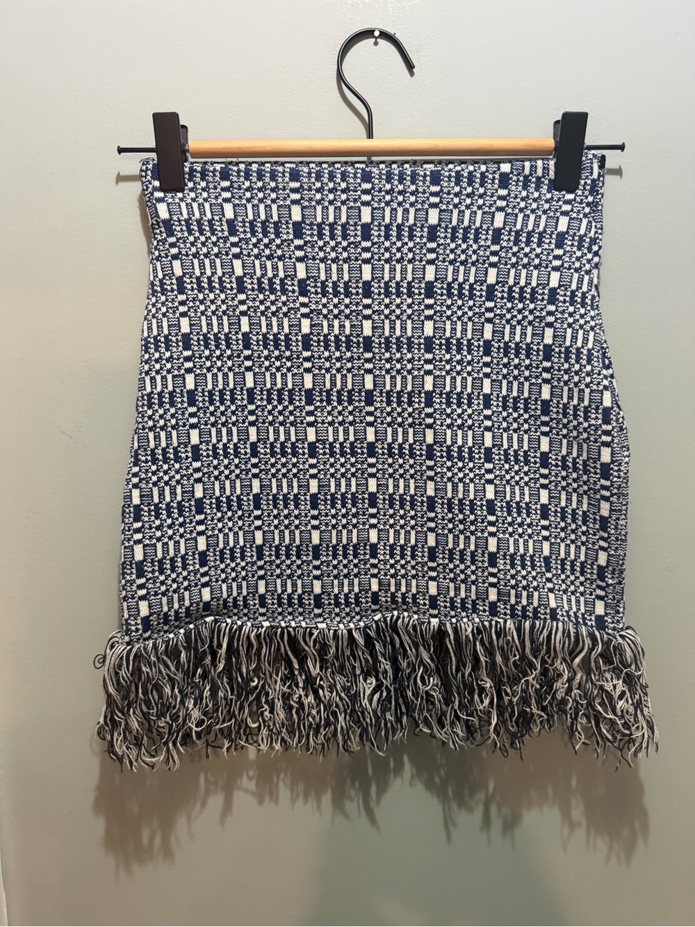 Zara Navy and White Fringe Tweed Mini Skirt